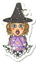 grunge sticker of a human witch with natural twenty dice roll vector