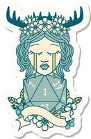 sticker of a crying human druid with D20 natural one roll vector