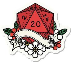 sticker of a natural twenty D20 dice roll vector