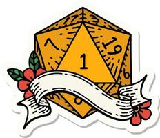 sticker of a natural one d20 dice roll vector