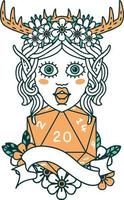 Retro Tattoo Style elf druid with natural twenty dice roll vector