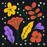 Hand drawn flat floral pattern on black background vector