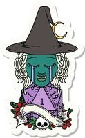 sticker of a crying half orc witch character face with natural one d20 dice roll vector