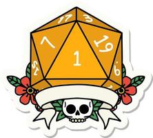 sticker of a natural one d20 dice roll vector