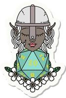 sticker of a elf fighter with natural twenty dice roll vector
