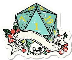 grunge sticker of a natural one d20 dice roll vector