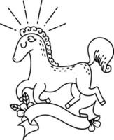scroll banner with black line work tattoo style prancing stallion vector