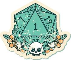 Retro Tattoo Style natural one dice roll with floral elements vector