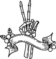 tatuaje tradicional de línea negra con pancarta de un esqueleto dando un signo de paz vector