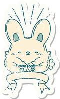 worn old sticker of a tattoo style happy rabbit vector