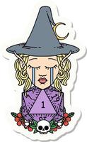 sticker of a crying elf witch with natural one D20 roll vector