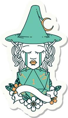 sticker of a crying elf mage character face with natural one D20 roll