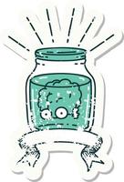 worn old sticker of a tattoo style brain in jar vector