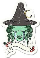 grunge sticker of a crying half orc witch character face vector