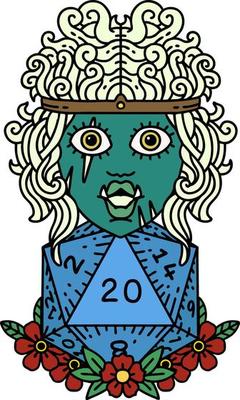 Retro Tattoo Style orc barbarian with natural twenty dice roll