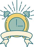scroll banner with tattoo style ringing alarm clock vector