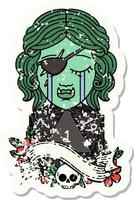 grunge sticker of a crying orc rogue character face with natural one D20 roll vector