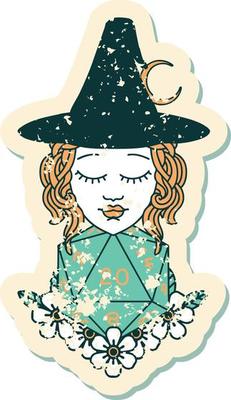 grunge sticker of a human witch with natural twenty dice roll