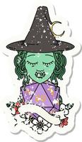 grunge sticker of a half orc witch character with natural twenty dice roll vector