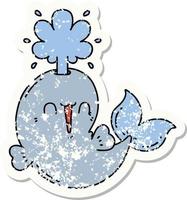 worn old sticker of a tattoo style happy squirting whale character vector