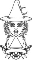 Black and White Tattoo linework Style human witch with natural twenty dice roll vector