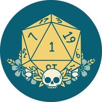 Retro Tattoo Style natural one dice roll with floral elements vector