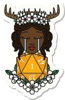 sticker of a crying human druid with natural one D20 roll vector