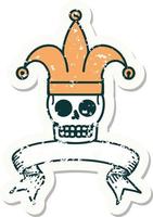 worn old sticker with banner of a skull jester vector