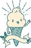 scroll banner with tattoo style ice cream character waving vector