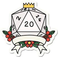 pegatina de una tirada de dados d20 de 20 golpes críticos naturales vector