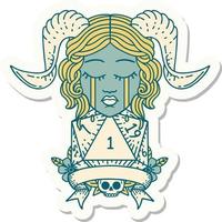 sticker of a crying tiefling face with natural 1 D20 Dice vector