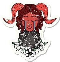 grunge sticker of a crying tiefling character with natural one D20 dice roll vector