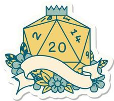 sticker of a natural twenty D20 dice roll vector