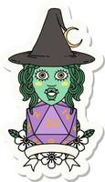 sticker of a half orc witch character with natural 20 dice roll vector