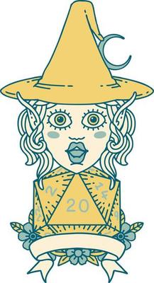 Retro Tattoo Style elf mage character with natural twenty dice roll