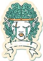 Retro Tattoo Style crying elf barbarian character face with banner vector