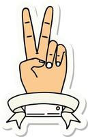 pegatina de un gesto de mano de dos dedos de paz con pancarta vector