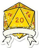 grunge sticker of a natural 20 critical hit D20 dice roll vector
