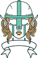 Retro Tattoo Style crying elf fighter character face with banner vector