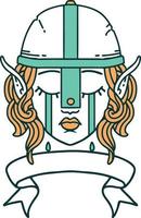 Retro Tattoo Style crying elf fighter character face with banner vector