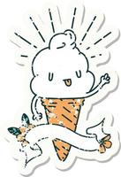 worn old sticker of a tattoo style ice cream character waving vector