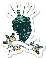 worn old sticker of a tattoo style bunch of grapes vector