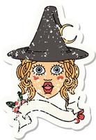 grunge sticker of a human witch character face vector