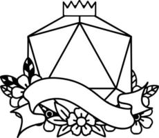 Black and White Tattoo linework Style natural twenty D20 dice roll vector