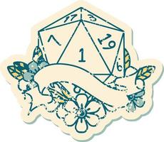 Retro Tattoo Style natural one d20 dice roll vector