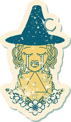 Retro Tattoo Style crying half orc witch with natural one D20 dice roll