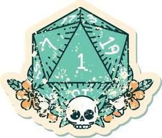 grunge sticker of a natural one dice roll with floral elements vector