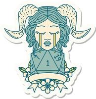 sticker of a crying tiefling with natural one D20 dice roll vector