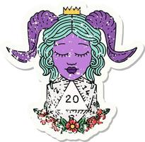 grunge sticker of a tiefling with natural twenty d20 dice roll vector