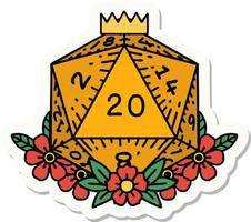 sticker of a natural 20 D20 dice roll with floral elements vector